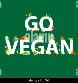 Modello di verdure con una iscrizione go vegan, per il web e la stampa di decorazione, vettore , cibo sano, cartoon illustrazione Illustrazione Vettoriale