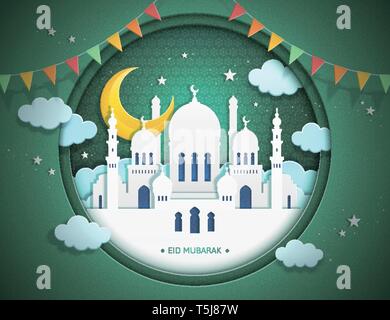 Eid mubarak paper art design con la splendida moschea di sfondo verde Illustrazione Vettoriale