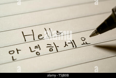 Principiante lingua coreana studente iscritto Hello Word Annyeonghaseyo in caratteri coreani su un notebook di close-up shot Foto Stock