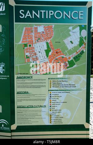 Santiponce piano urbanistico e informazioni segno, Siviglia, provincia di Siviglia, in Andalusia, Spagna, Europa. Foto Stock