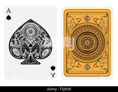 Asso di picche in motocicletta stile. Faccia con ruote di bicicletta, gara bandiere all'interno di picche forma e torna con la ruota del motociclo e rotondi sul golden sui Illustrazione Vettoriale