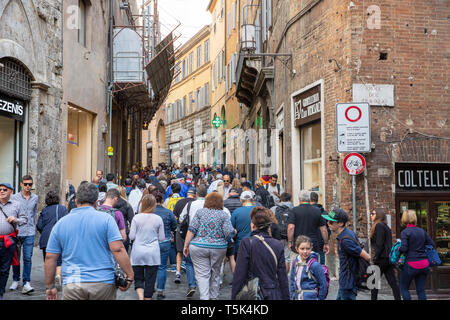 I turisti ed i visitatori in una folla di persone a piedi attraverso le strade di Siena in Toscana,l'Italia,l'Europa Foto Stock