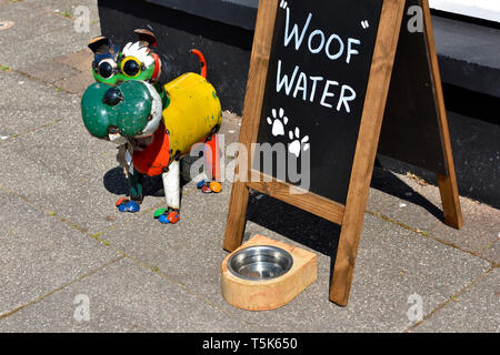 Cane piatto di irrigazione con il segno "trama" di acqua al di fuori del negozio sul marciapiede Foto Stock