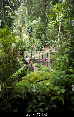 Vista sul giardino verde a Goa Gajah Elephant tempio nella grotta nei pressi di Ubud, Bali, Indonesia Foto Stock