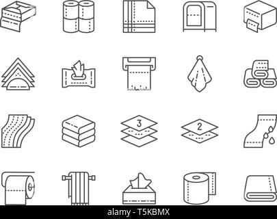 Set di asciugamani e tovaglioli le icone della linea. Rotoli di carta igienica, Titolare, dell'essiccatore della mano e più. Illustrazione Vettoriale