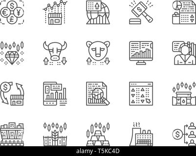 Set di mercato azionario le icone della linea. Bull e recare mercato, Trader, dividendo e di più. Illustrazione Vettoriale