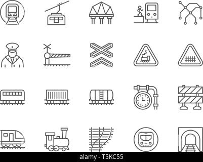 Set di treni e ferrovie le icone della linea. La funicolare, metropolitana mappa, locomotore e altro ancora Illustrazione Vettoriale