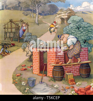 THREE LITTLE PIGS costruire le loro case in un 1920s illustrazione Foto Stock