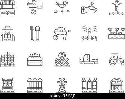 Set di allevamento e agricoltura le icone della linea. Il contadino, trattore, Millwheel e altro ancora. Illustrazione Vettoriale
