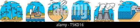 La generazione di energia. Impianti di alimentazione delle icone. Edifici industriali. Imposta ecologica di fonti di elettricità. Illustrazione Vettoriale
