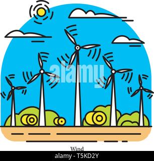 Impianto eolico. Potenza elettrica o stazione di generazione. Edificio industriale icona. Il flusso di aria e di turbine. Fonti ecologiche di elettricità e Illustrazione Vettoriale