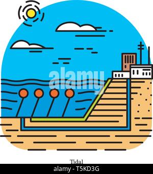 Tidal power plant. Forma di energia idroelettrica che converte l'energia ottenuta da maree in elettricità. Potente o stazione di generazione. Industrial Illustrazione Vettoriale