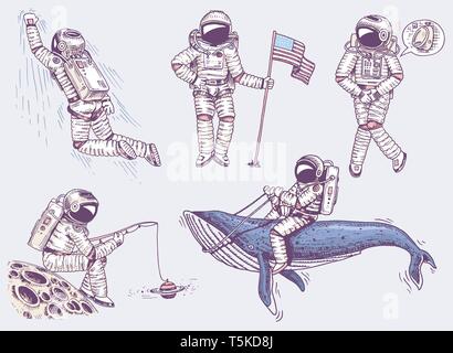 Collezione soaring spaceman. Set di astronauti nello spazio. Musicista ballerino avventura nella galassia. Incisi disegnati a mano pop art comic sketch. Illustrazione Vettoriale