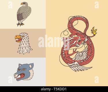 Vintage teste di animali. Logo per t-shirt. Wild dragone cinese, panther,Falcon. La traduzione del nome giapponese del drago mitologico. Disegnata a mano Illustrazione Vettoriale