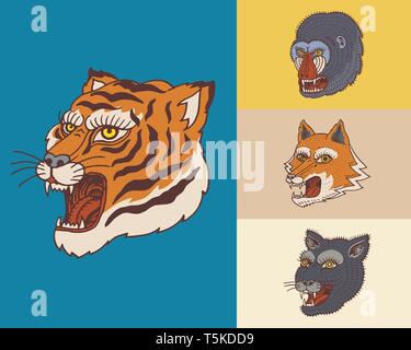 Vintage teste di animali. Logo per t-shirt. Wild Asian Tiger, Panther, fox, scimmia. Disegnata a mano incisi monocromatico. Illustrazione Vettoriale