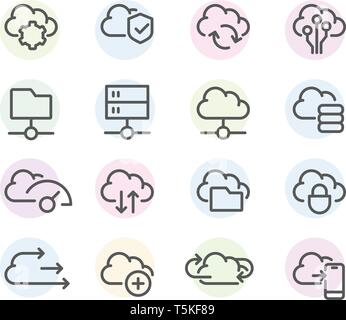 Insieme di computer linea cloud icone - Sincronizzazione dei dati, trasferimento, cloud computing le icone delle impostazioni Illustrazione Vettoriale