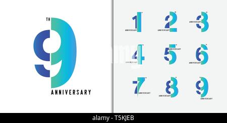 Set di anniversario logotipo. Moderno e colorato celebrazione dell anniversario icone design per profilo aziendale, opuscoli, depliant, rivista, brochure. Illustrazione Vettoriale