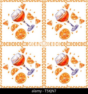 Seamless sfondo con bicchieri di succo di arancia. Estate di agrumi drink esotici. Fette di arancia. Disegnata a mano acquerello. Foto Stock