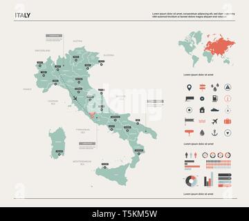 Mappa vettoriale dell'Italia. Alta dettagliata mappa del paese con la divisione, città e capitale Roma. Mappa politico, mappa del mondo, elementi infografico. Illustrazione Vettoriale