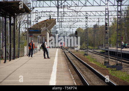 Swallow sulla piattaforma Pargolovo. Ferrovie Russe. La Russia, San Pietroburgo, 8 maggio 2018 Foto Stock