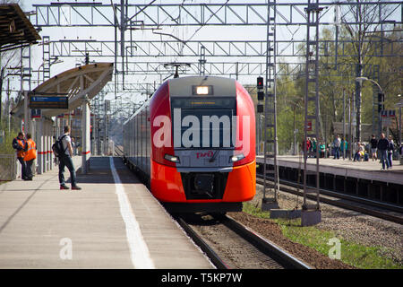 Swallow sulla piattaforma Pargolovo. Ferrovie Russe. La Russia, San Pietroburgo, 8 maggio 2018 Foto Stock