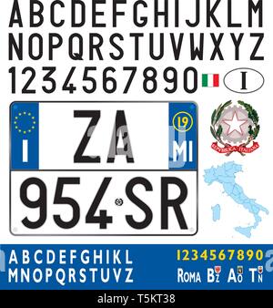 Italia auto targa, lettere, numeri e simboli, design quadrato Illustrazione Vettoriale