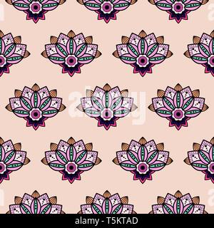 Lo Yoga flower design mandala fiore con appesi i dettagli di pendenti vector seamless pattern. Illustrazione Vettoriale