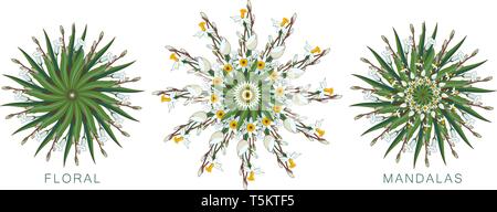 Set di round mandala floreali isolato su uno sfondo bianco. Modello di yoga. Mandala fatto di narcisi Illustrazione Vettoriale