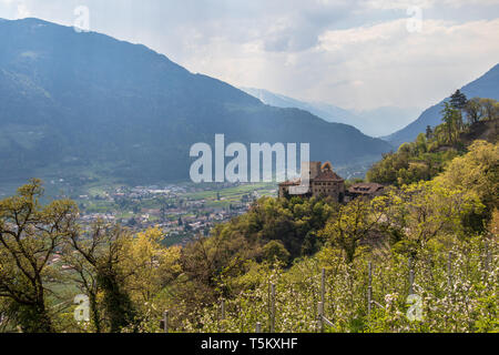 Vista su Castel Thurnstein all'interno della valle e sulle Alpi del paesaggio di Merano. Tirol villaggio nei pressi di Merano, in provincia di Bolzano, Alto Adige, Italia. Foto Stock