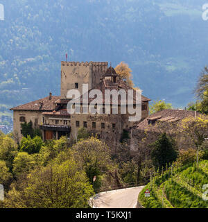 Castel Thurnstein all'interno di un paesaggio verde. Tirol villaggio nei pressi di Merano, in provincia di Bolzano, Alto Adige, Italia. Foto Stock