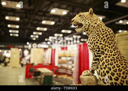 Indianapolis, Indiana, Stati Uniti d'America. Xxv Aprile, 2019. Un insaccata leopard è sul display nella sezione outfitters prima della convenzione delle ANR. Preparare i fornitori di stand nel padiglione espositivo prima che la National Rifle Association (NRA) convenzione presso la Indiana Convention Center nel centro di Indianapolis. Credito: Jeremy Hogan/SOPA Immagini/ZUMA filo/Alamy Live News Foto Stock