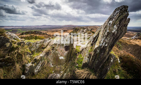 Roc'h Tr ezel vertice di Monts d'Arree, Terra di leggende in Bretagna, Francia Foto Stock