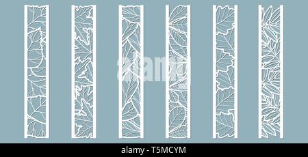 Pannelli con foglie pattern. Foglie di quercia, acero, Rowan, castagno, betulla, ceneri. Taglio Laser. Set di segnalibri modelli. Immagine per il taglio laser o plotter Illustrazione Vettoriale