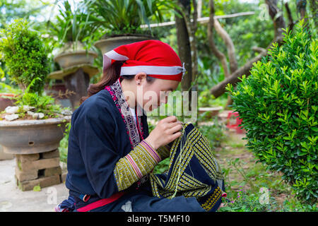 Giovane donna di Red Dzao minoranza etnica Popolo di Sapa, il Vietnam Asia Foto Stock