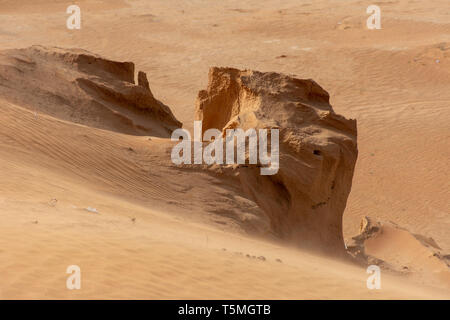 Le dune di sabbia con soffiando sabbia attraverso il terreno durante una tempesta di sabbia. Foto Stock