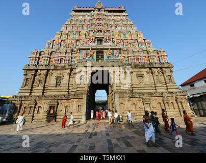 La colorata Thillai Natarajah tempio di Chidambaram, India. Foto Stock