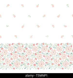 Color pastello dipinte a mano e margherite su sfondo bianco vettore orizzontale frontiera senza giunture. Delicato primavera estate bordo floreale stampa. Perfetto per texti Illustrazione Vettoriale