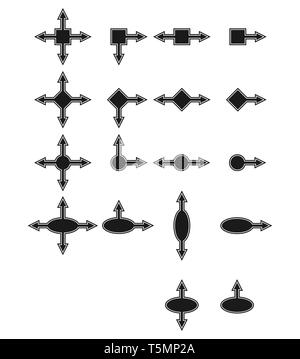 Set di forme geometriche con frecce in direzioni diverse per la progettazione e esecuzione di progetti, presentazioni di piani. Design piatto Illustrazione Vettoriale