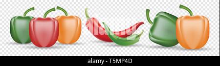 Set di vettore di peperoncino e di colore giallo verde e rosso bulgaro dolci peperoni, la paprika e il peperoncino isolato su sfondo trasparente Illustrazione Vettoriale