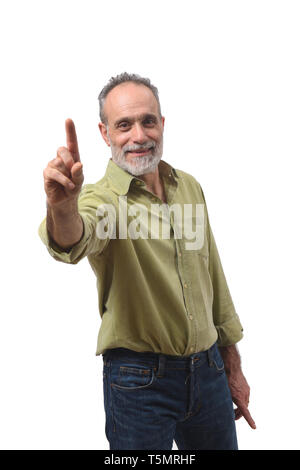 L'uomo anziano con il dito nella forma di numero Foto Stock