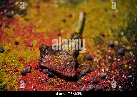 Rack di arrosto di agnello su sparsi di rosso e di giallo spezie Foto Stock