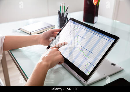 Commercianti la mano analizzando diagramma di Gantt su laptop sulla scrivania riflettente Foto Stock