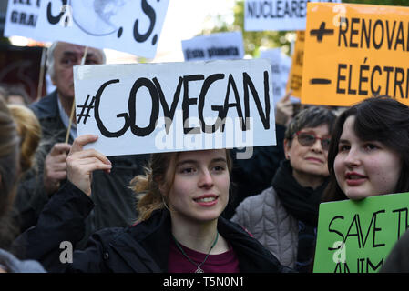 Un visto studente tenendo un cartello dicendo Go Vegan durante la protesta. Migliaia di alunni, gli adolescenti e gli studenti universitari hanno marciato in Madrid e in più di 50 città e città di tutto il paese, per protestare contro il cambiamento climatico e invita il governo a prendere provvedimenti. Il movimento globale è stato ispirato dall'attivista teenage Greta Thunberg, chi è stato il salto di scuola ogni venerdì a partire dal mese di agosto per protestare al di fuori del parlamento svedese. Foto Stock