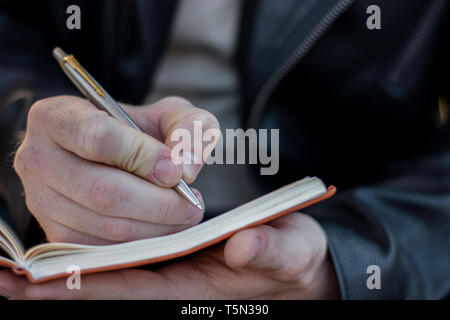 Guy creatore in abiti casual rende note in un notebook Foto Stock