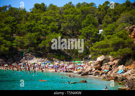 Gruppo di persone sulla spiaggia .Cala Salada beach. Santa Agnés de Corona. Ibiza. Isole Baleari. Spagna. Foto Stock