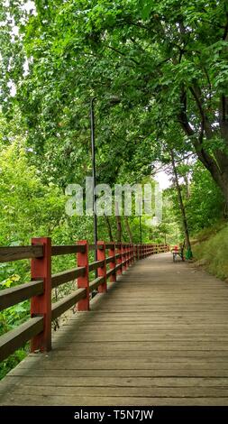 Vicolo in parco nel giorno di estate con il ponte di legno e la barriera Foto Stock