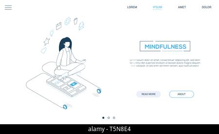 Mindfulness - linea uno stile di design isometrica banner web Illustrazione Vettoriale