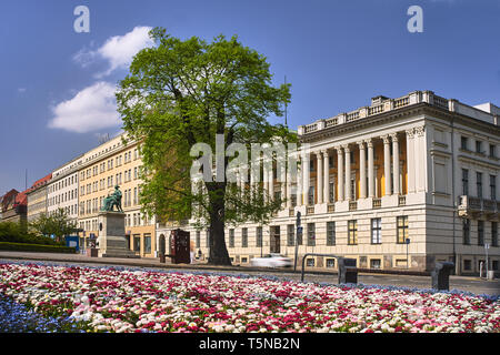 Aiuola di fiori e la vista in elevazione frontale della biblioteca pubblica edificio Raczynski a Poznan Foto Stock