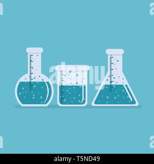 Chimica bicchiere bottiglia Science Laboratory di forniture scolastiche illustrazione vettoriale isolato su sfondo blu Illustrazione Vettoriale