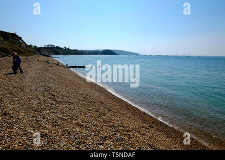 Colwell Bay, Isola di Wight. Una famiglia popolare spiaggia di Fort Albert fine dove la spiaggia è prevalentemente di ciottoli. Foto Stock